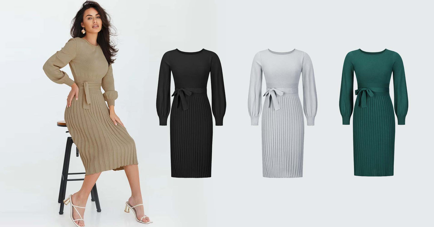 👗🔥 (Z paskiem) 2024 nowa jesienno-zimowa dzianinowa wąska plisowana sukienka midi-3807305