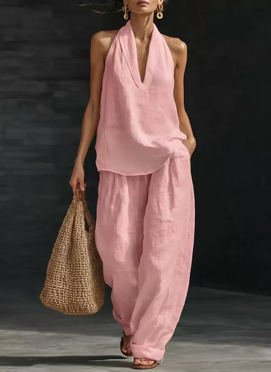 š„ć50% de descuentoććS-5XLćš„Conjunto casual para mujer, top con cuello en V + pantalón de pierna ancha
