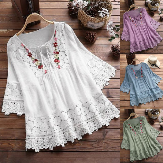 🔥🎉【Ograniczona ilość】【S-5XL】2025 Wiosna Nowa Moda Damska Luźna Swobodna Koronkowa Koszula z Dekoltem w Serek Jednolity Kolor