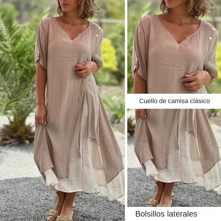 💐💐【S-4XL】Modna, nieregularna, dwuczęściowa bawełniana sukienka z dekoltem w serek