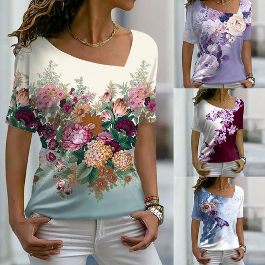 Wiosenno-letnia europejska moda damska, asymetryczna koszulka z krótkim rękawem i dekoltem w serek -3916570