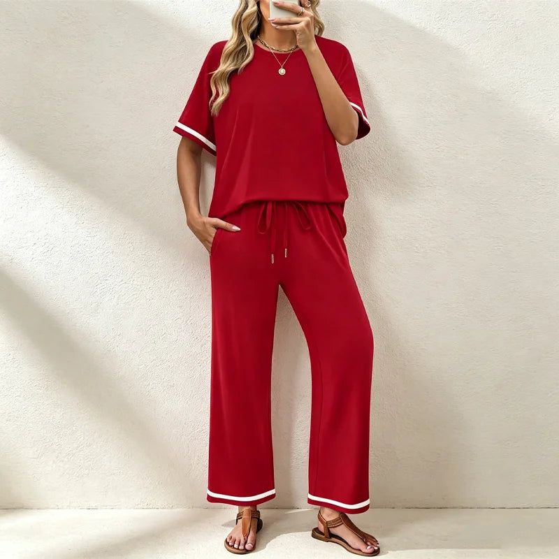 ✨Pago contra entrega✅️ Conjunto casual de dos piezas para mujer, camiseta de cuello redondo y pantalón de pierna ancha – Material suave, transpirable y elástico.