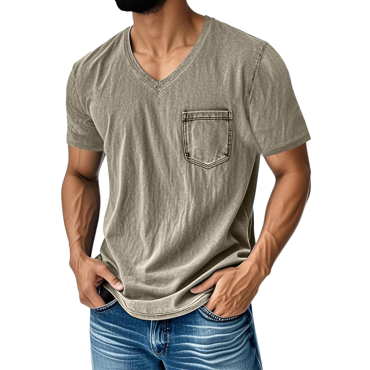 👔 50% de descuento🔥【40-120 kg】Camiseta vaquera informal y holgada con cuello en V y mangas cortas para hombre ✅️Pago contra entrega