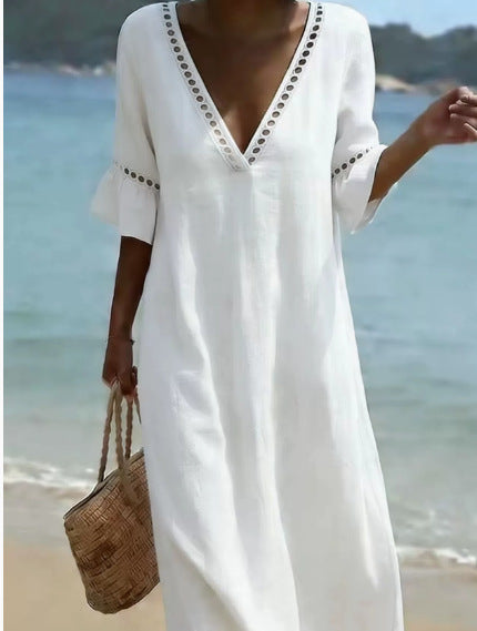 💥【50% off en nuevos productos!!】🌸Vestido mujer 2026 primavera verano, algodón y lino, cuello V con encaje✅Pago al recibir