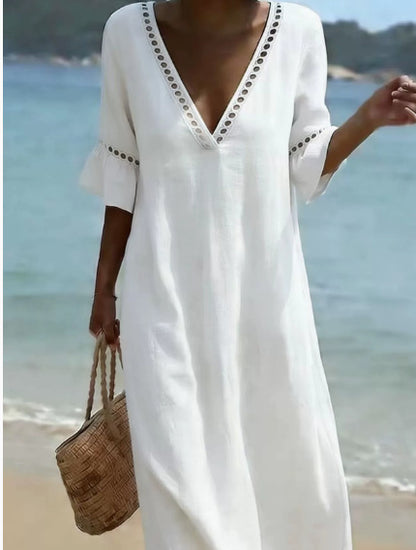 💥【50% off en nuevos productos!!】🌸Vestido mujer 2026 primavera verano, algodón y lino, cuello V con encaje✅Pago al recibir