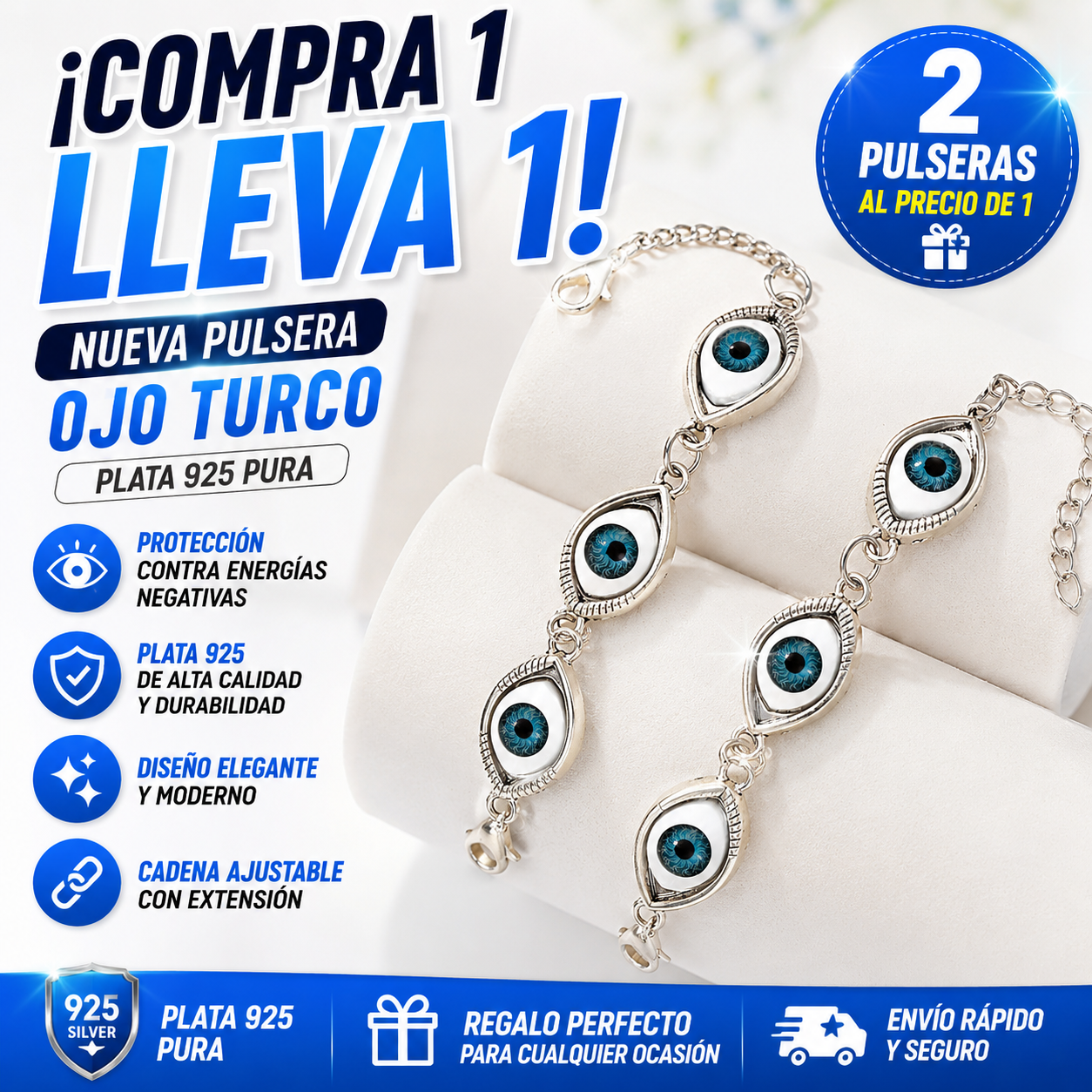 🔥✨【Compra uno y llévate otro gratis】Nueva pulsera turca con ojo de plata de ley 925, incluye cadena de extensión.