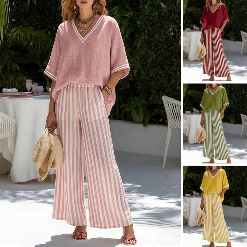 💐【S-4XL】Conjunto clásico a rayas de algodón y lino (top + pantalones)