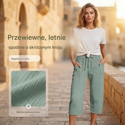 🔥✨【50% zniżki】Nowe letnie damskie spodnie capri z plisami, wykonane z bawełny i lnu, w jednolitym kolorze
