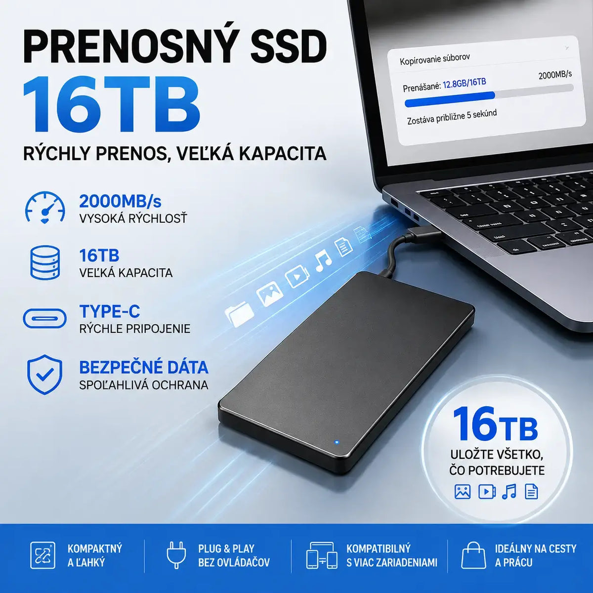 🔥🔥【Zľava 50 %✨】Prenosný pevný disk s kapacitou 16 TB – vysokorýchlostný prenos, veľká kapacita
