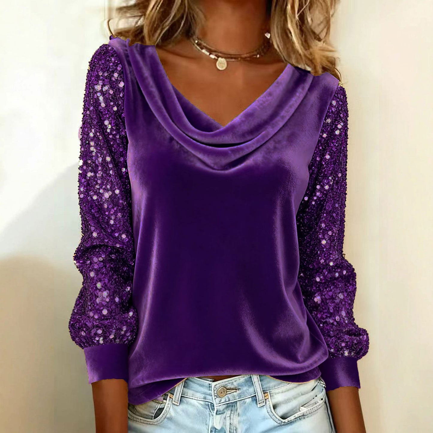 ✨ 【S-3XL】Dámská módní sametová halenka s přehnutým límcem, prošívaná, dlouhý rukáv