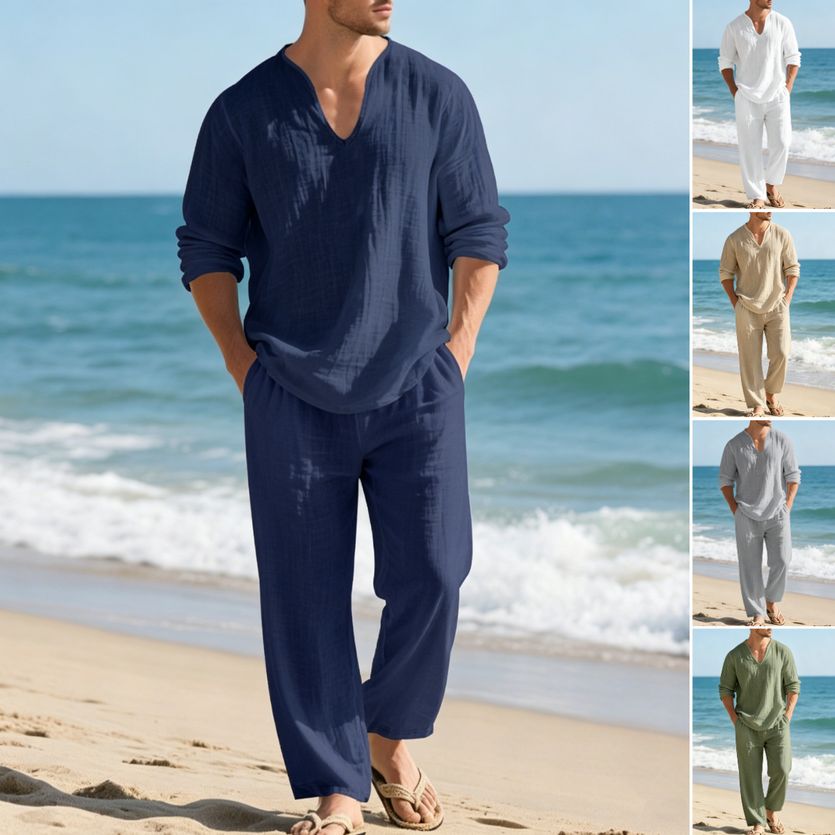 🌴🔥【Top + spodnie】Męski lniany garnitur casualowy o luźnym kroju z dekoltem w serek, idealny na plażę. ✅️Płatność przy odbiorze
