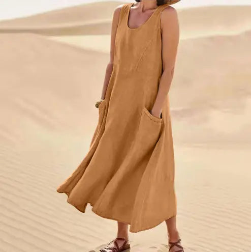 🌈👗【S-5XL】Nova elegantna jednobojna haljina bez rukava s okruglim izrezom od pamuka i lana za ljeto 2026.