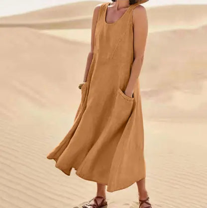 🌈👗【S-5XL】Nova elegantna jednobojna haljina bez rukava s okruglim izrezom od pamuka i lana za ljeto 2026.
