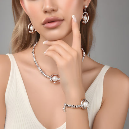 🔥✨【Naszyjnik + Kolczyki + Bransoletka】Zestaw biżuterii ze srebra próby 925, inkrustowany perłami, luksusowy design