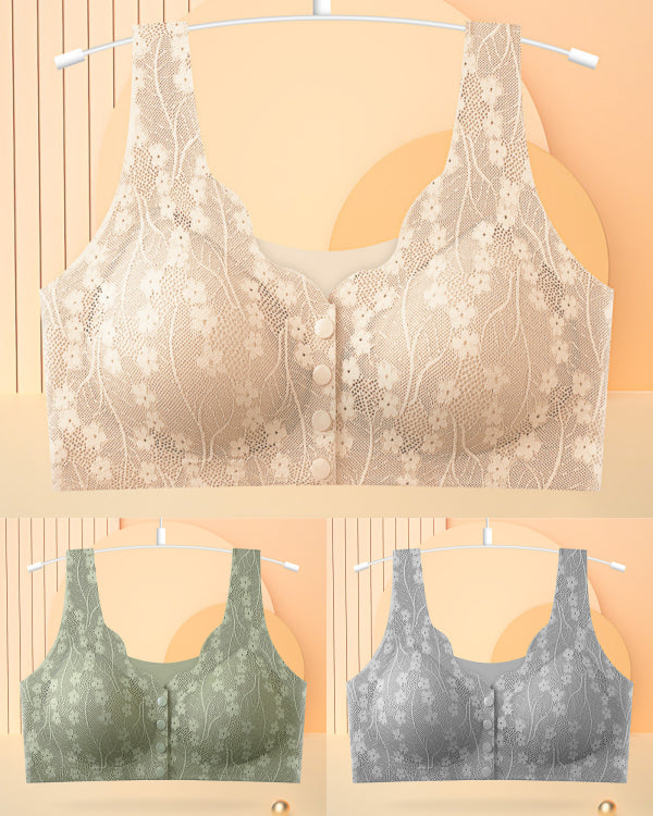 😍✨【3 sztuk】【40-100KG】Damski, bezprzewodowy, koronkowy biustonosz zapinany z przodu