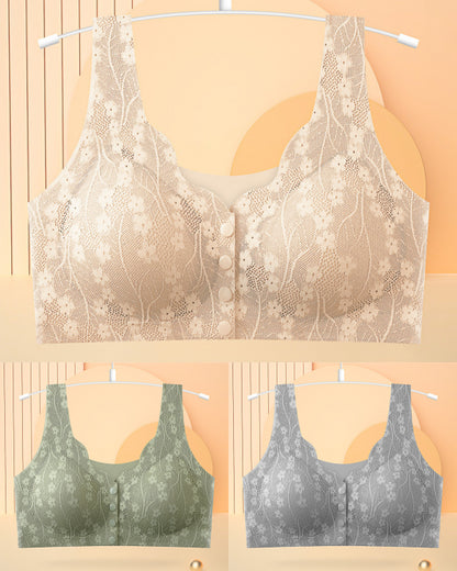 😍✨【3 sztuk】【40-100KG】Damski, bezprzewodowy, koronkowy biustonosz zapinany z przodu