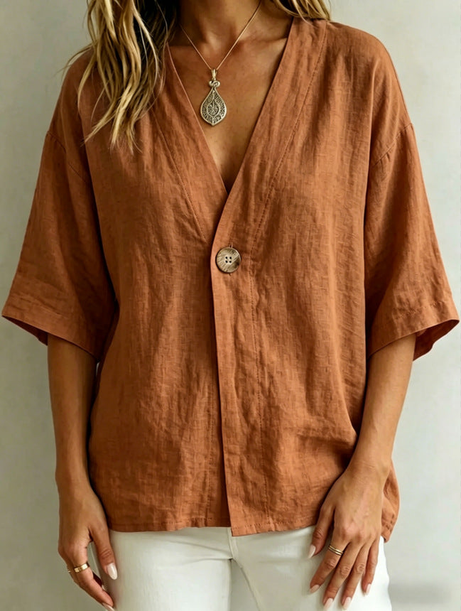 👕【S-3XL】Лятна ленена блуза с копчета – широка, дишаща и стилна за всеки ден