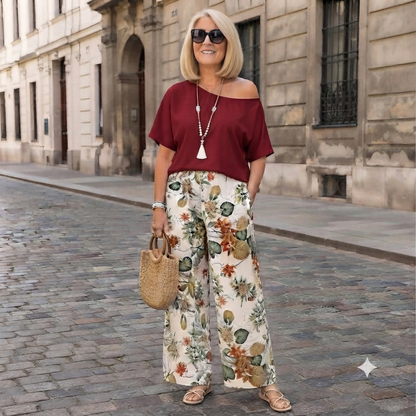 🎁【Moderno, Tallas grandes】Conjunto estampado de 2 piezas (blusa con hombros asimétricos + pantalón de pierna ancha)✅️Pago contra entrega