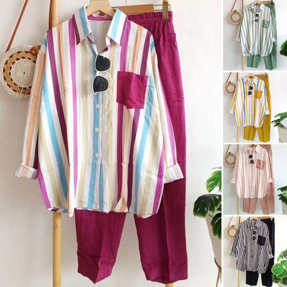 ✨🌸【S-5XL】Нов пролетен комплект от две части на райета, топ с дълъг ръкав и панталон.