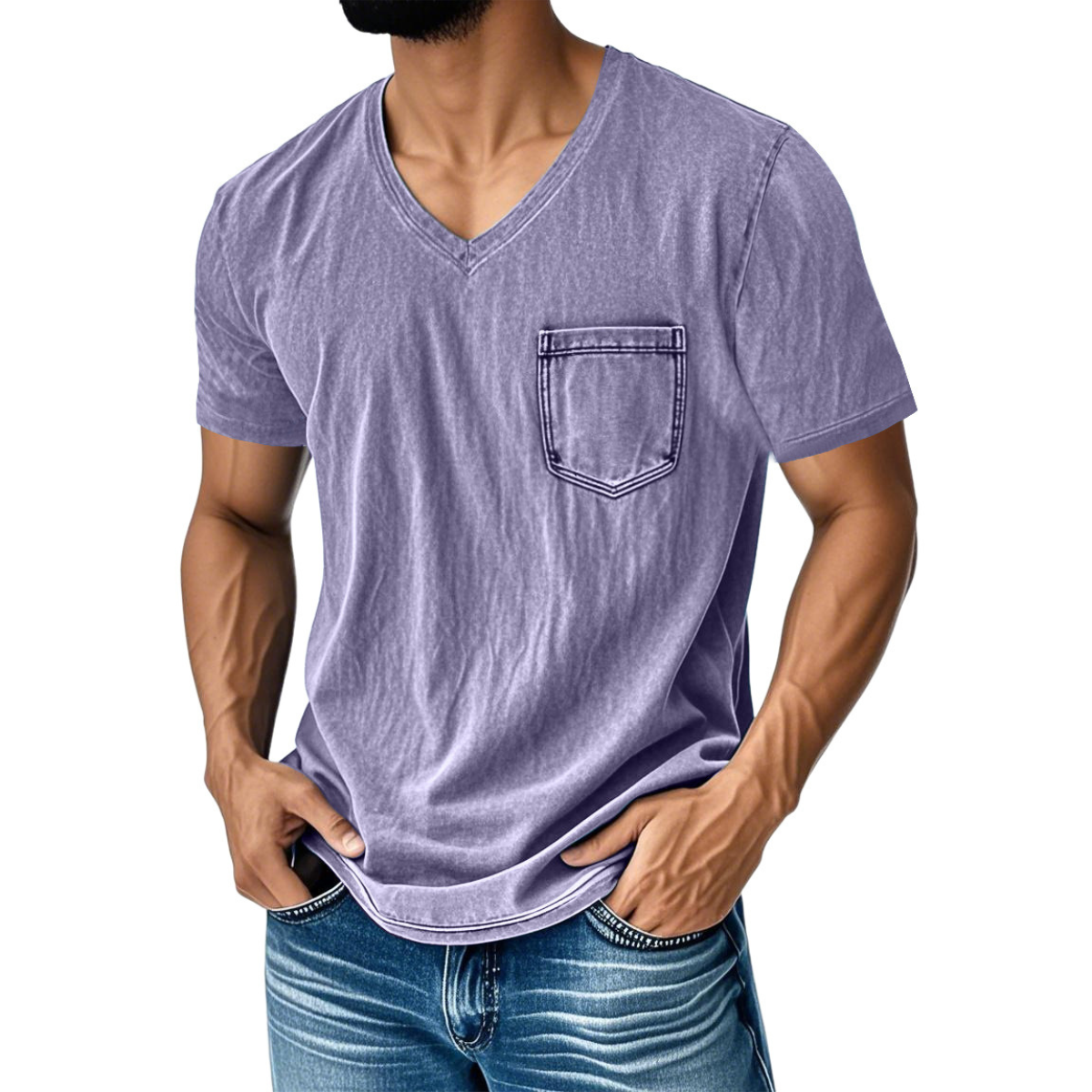 👔 50% de descuento🔥【40-120 kg】Camiseta vaquera informal y holgada con cuello en V y mangas cortas para hombre ✅️Pago contra entrega