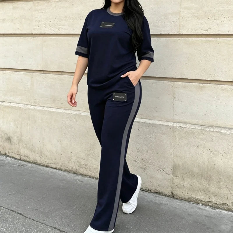 🔥🔥【Top + Pantalones】hándal de verano de 2 piezas para mujer, camiseta informal con raya en contraste y pantalón deportivo largo, material fino, transpirable y fresco.✅️Pago contra entrega