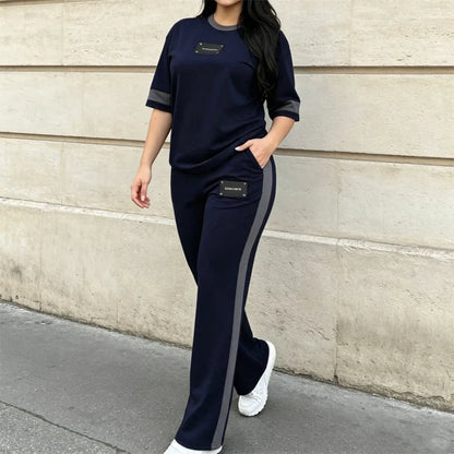 🔥🔥【Top + Pantalones】hándal de verano de 2 piezas para mujer, camiseta informal con raya en contraste y pantalón deportivo largo, material fino, transpirable y fresco.✅️Pago contra entrega