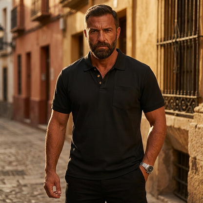 【S-3XL】🛒 Polo de verano para hombre con textura de gofre, cuello, bolsillos, manga corta, transpirable y estilo casual.