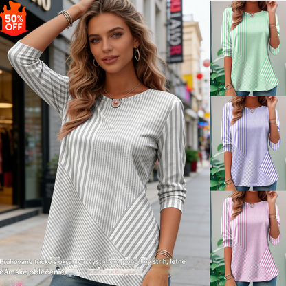 ✨👚【S-5XL】🔥Nové pruhované tričko s okrúhlym výstrihom jar/leto 2026, pohodlné a ležérne