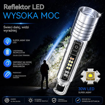 👍👍Kompaktowa, mocna latarka z diodami LED o wielu źródłach światła, przenośna i z bardzo długim czasem pracy na baterii.