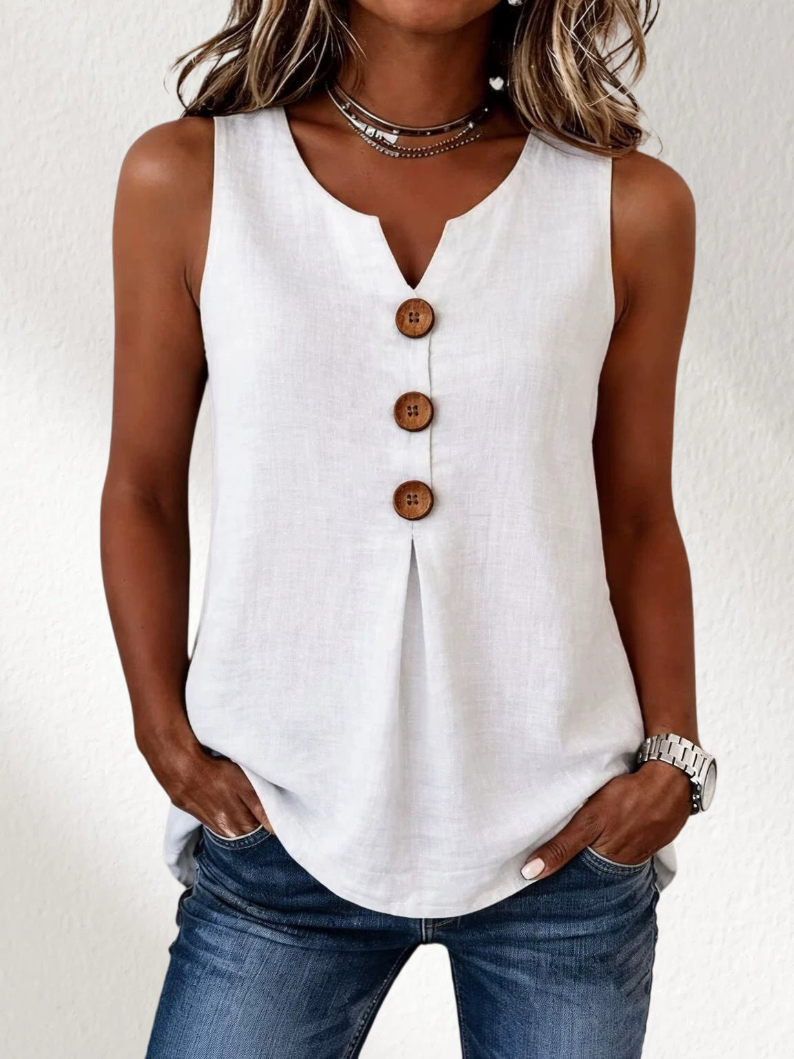 【Oferta al 50%】Nueva blusa sin mangas para mujer 2026, cuello en V y botones lisos.