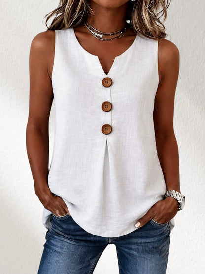 【Oferta al 50%】Nueva blusa sin mangas para mujer 2026, cuello en V y botones lisos.
