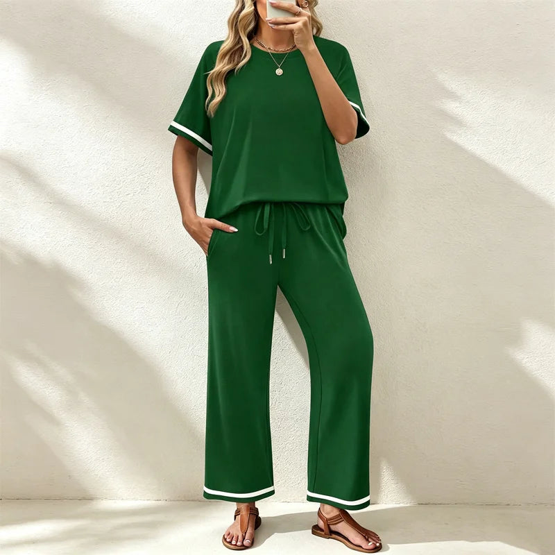 ✨Pago contra entrega✅️ Conjunto casual de dos piezas para mujer, camiseta de cuello redondo y pantalón de pierna ancha – Material suave, transpirable y elástico.