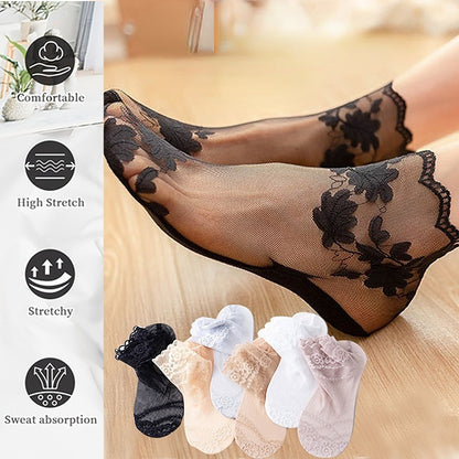 【🔥Kup 5, a 5 dostaniesz gratis】🧦【10 par】Piękne, niewidoczne, koronkowe, antypoślizgowe, cienkie skarpetki