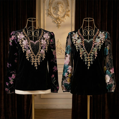 Camisa con estampado artístico de estilo retro y detalles bordados — Pago contra entrega