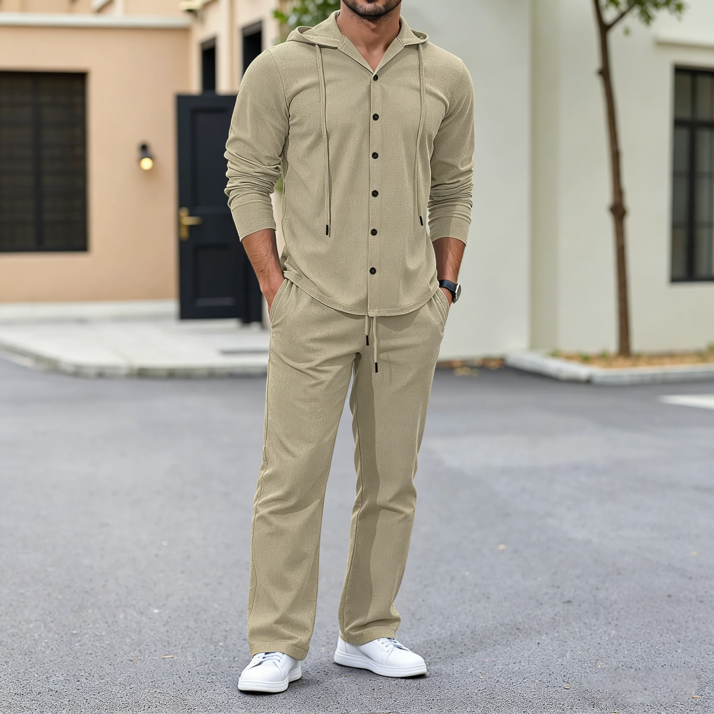 🔥【50% descuento】👕👕【S-3XL】Nuevo conjunto hombre 2026 de lino holgado con capucha manga larga (camisa con botones + pantalón)