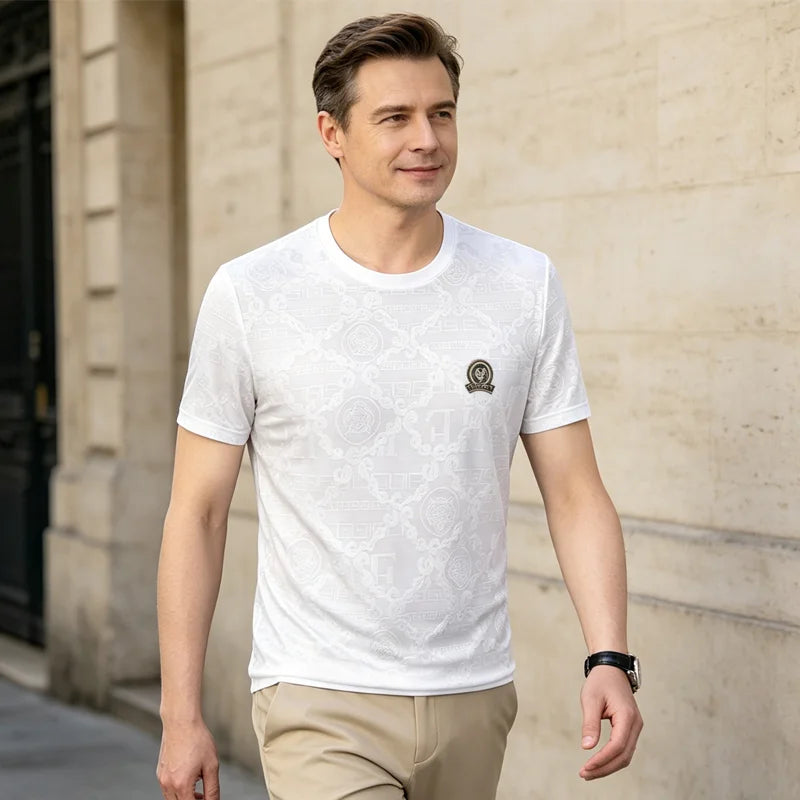 🐯Męska koszulka z krótkim rękawem w stylu retro barokowym, wykonana z chłodnego materiału przypominającego lodowy jedwab