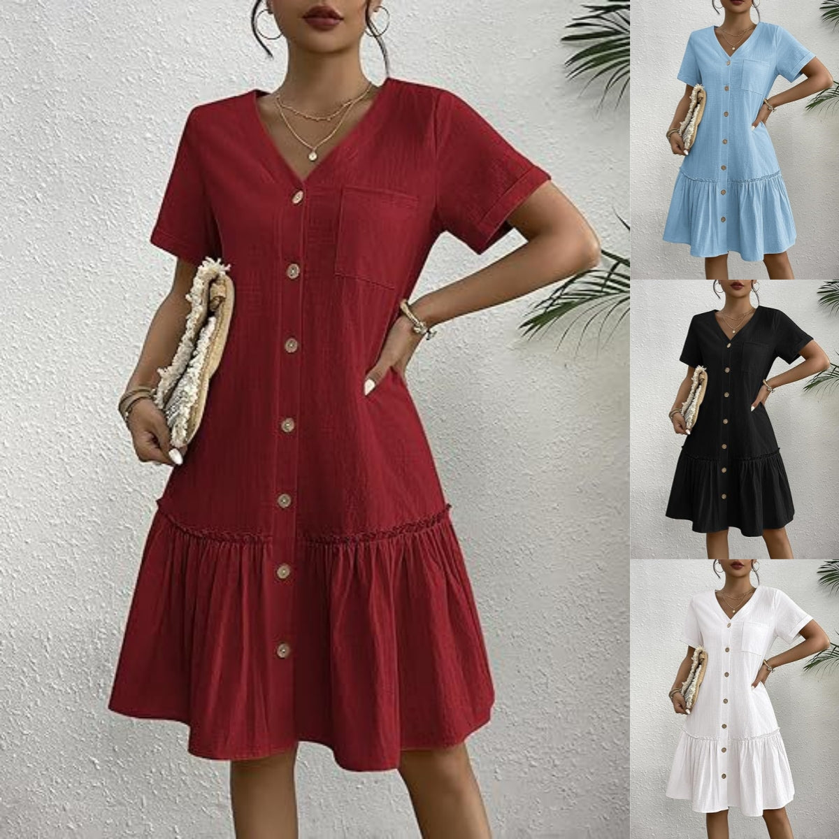 👗🎁 【S-2XL】2026 lato nowy styl modna luźna jednokolorowa sukienka z krótkim rękawem z bawełny i lnu zapinana na guziki
