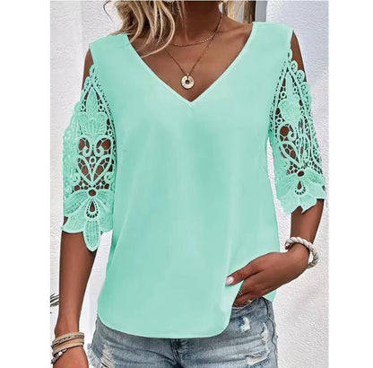 💓【S-3XL】2025 Lato Damska Moda Prosta Koszulka T-shirt, Top z dekoltem w serek, prosty koronkowy wzór