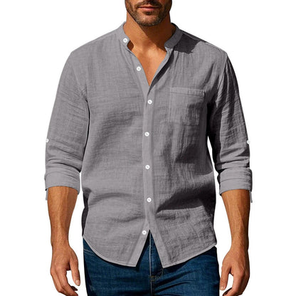 👔50% de descuento🔥【40-100kg】Camisa informal de lino para hombre, manga larga, cuello alto, tejido transpirable. ✅Pago contra entrega