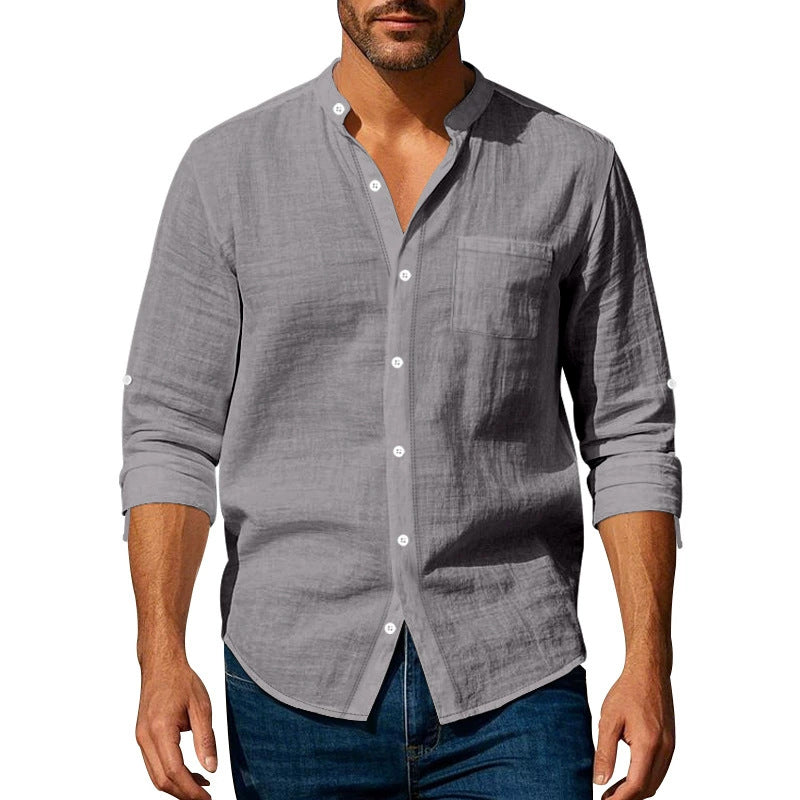 👔50% de descuento🔥【40-100kg】Camisa informal de lino para hombre, manga larga, cuello alto, tejido transpirable. ✅Pago contra entrega