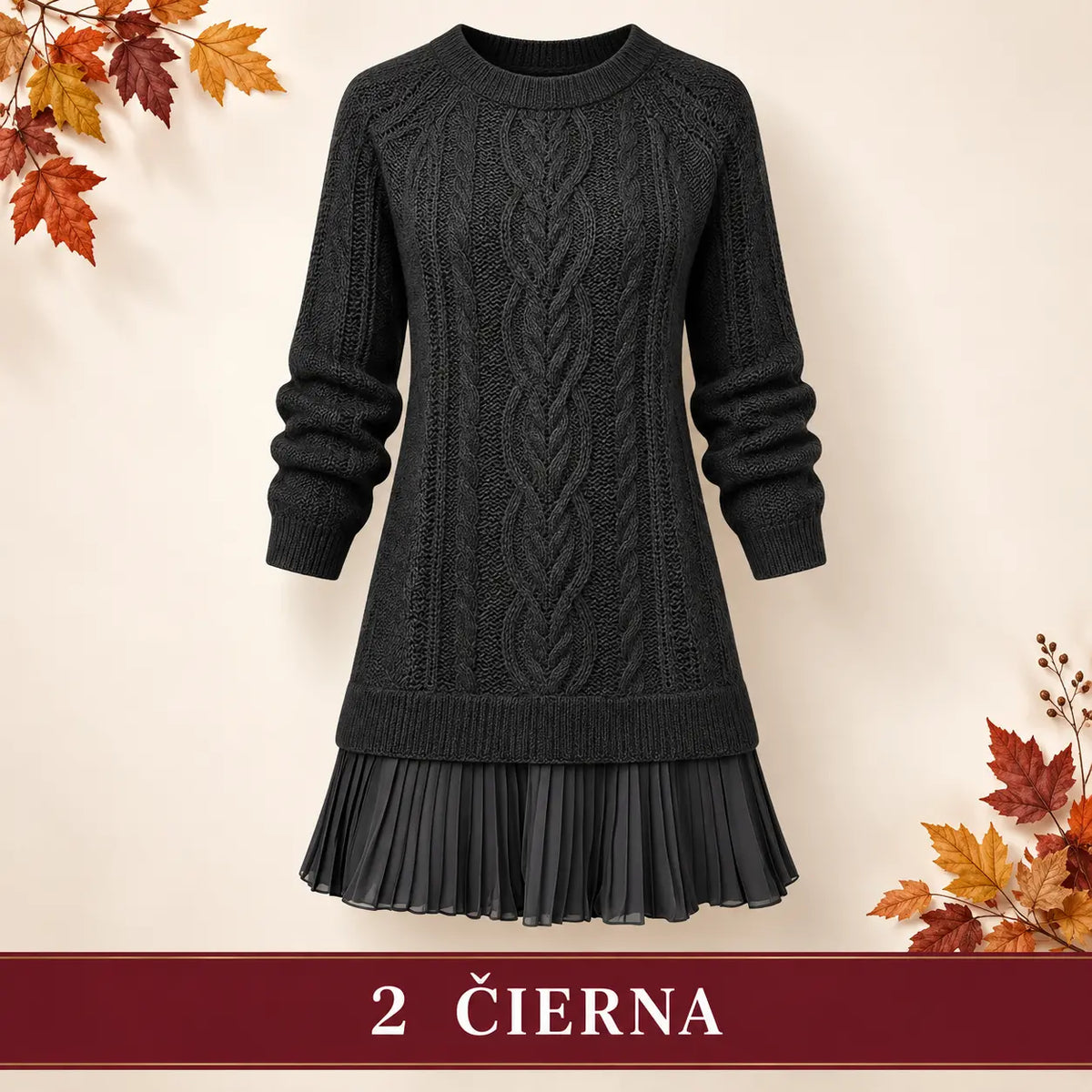 Elegantné pletené šaty s plisovaným lemom — pohodlný štýl na chladnejšie dni, dostupné vo veľkostiach S–3XL.