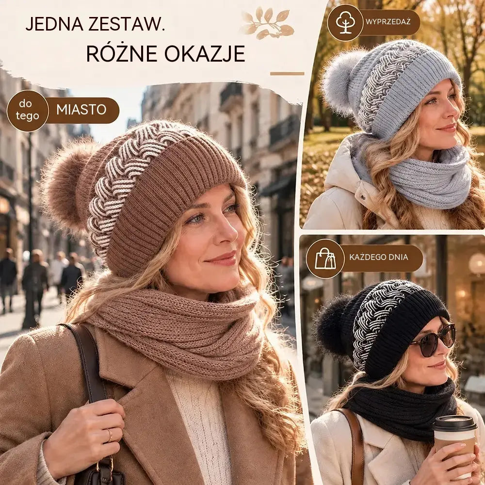 ❄️ Damska czapka zimowa z szalikiem i nausznikami | Ciepły zestaw dzianinowy 3 w 1