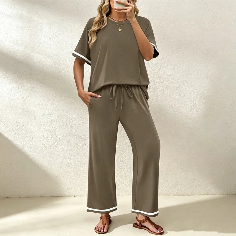 ✨Pago contra entrega✅️ Conjunto casual de dos piezas para mujer, camiseta de cuello redondo y pantalón de pierna ancha – Material suave, transpirable y elástico.