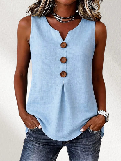 【Oferta al 50%】Nueva blusa sin mangas para mujer 2026, cuello en V y botones lisos.