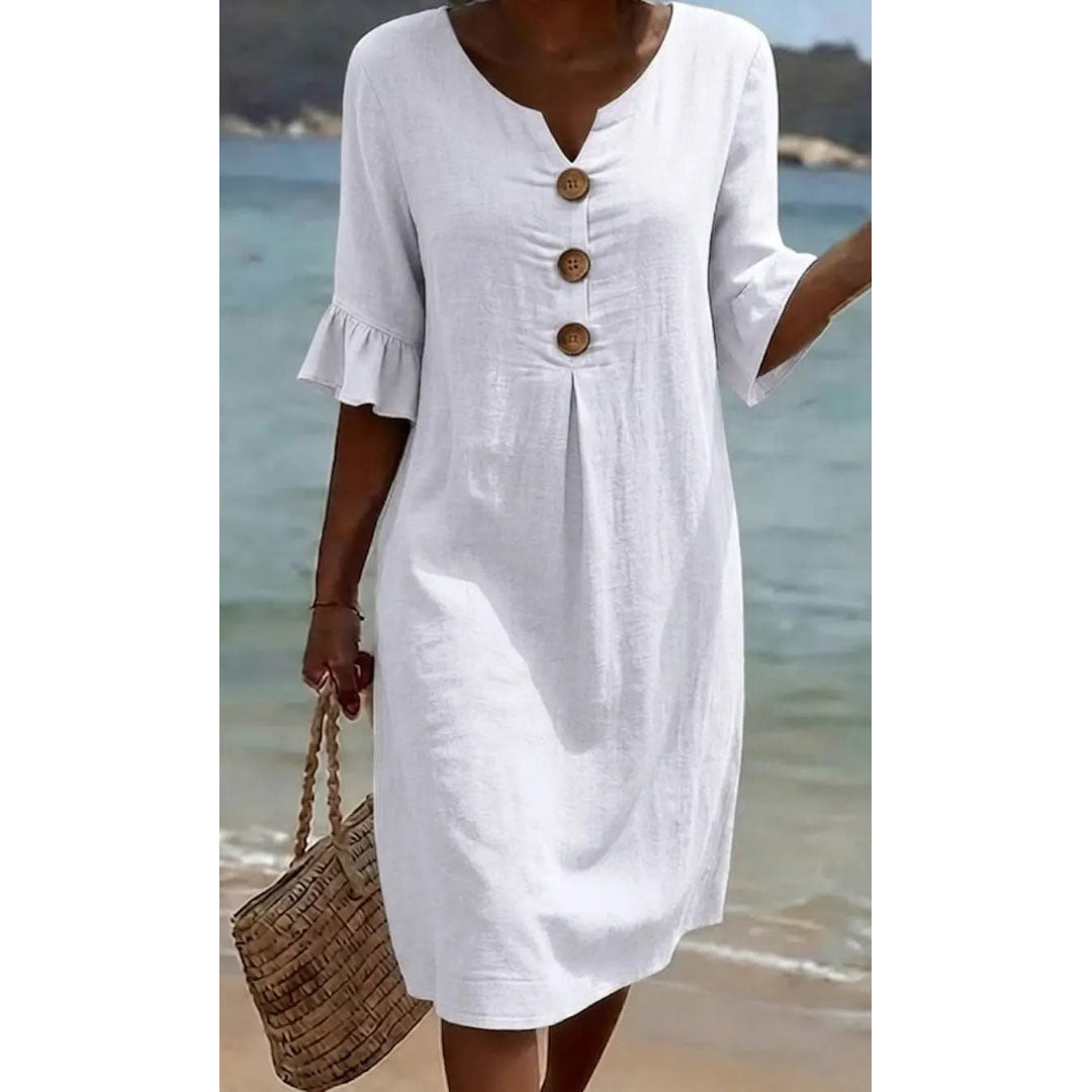 【S-3XL】Vestido de mujer de algodón y lino con mangas abullonadas y botones-E