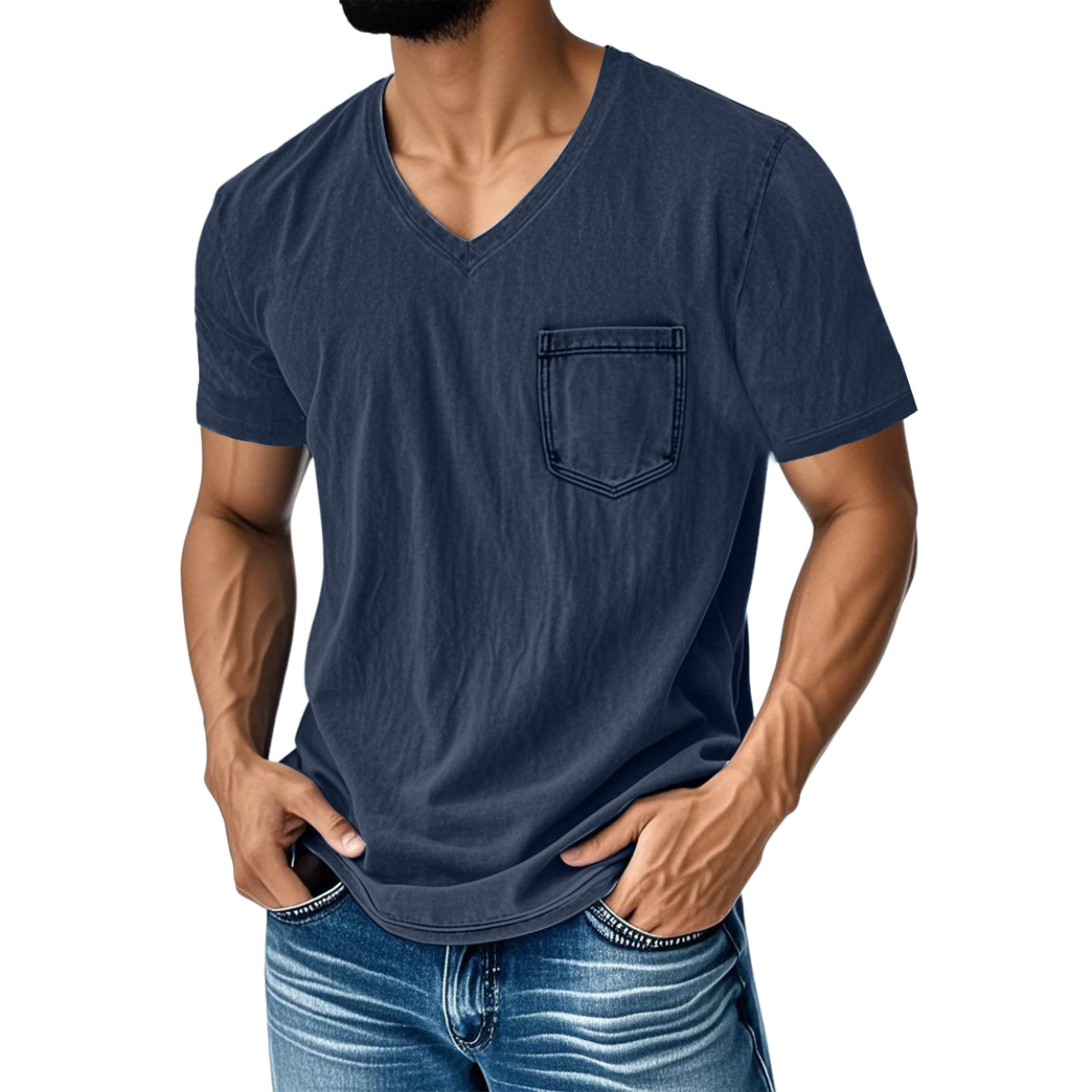 👔 50% de descuento🔥【40-120 kg】Camiseta vaquera informal y holgada con cuello en V y mangas cortas para hombre ✅️Pago contra entrega