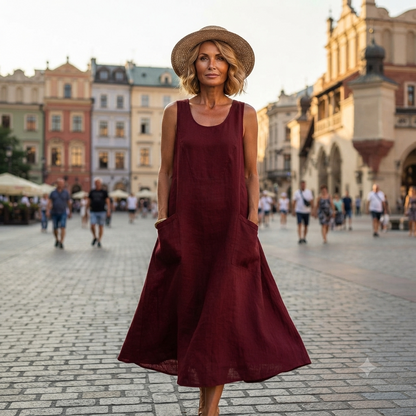 🌈👗【S-5XL】2026 Letnia, nowa, elegancka, jednokolorowa sukienka bez rękawów z okrągłym dekoltem, wykonana z bawełny i lnu.