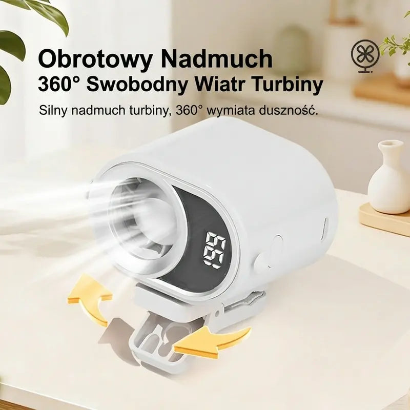 🌀 Wentylator bez użycia rąk z ekranem LED, wbudowanym klipsem i 199 poziomami regulacji