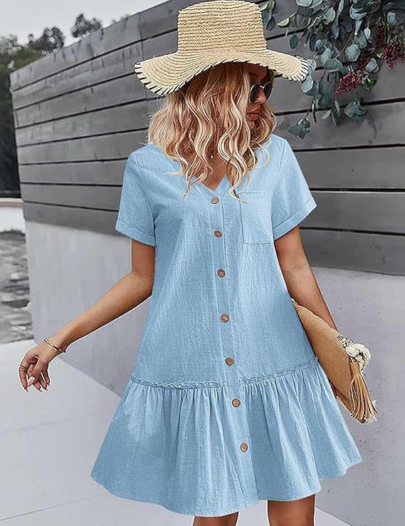 👗🎁 【S-2XL】2026 lato nowy styl modna luźna jednokolorowa sukienka z krótkim rękawem z bawełny i lnu zapinana na guziki
