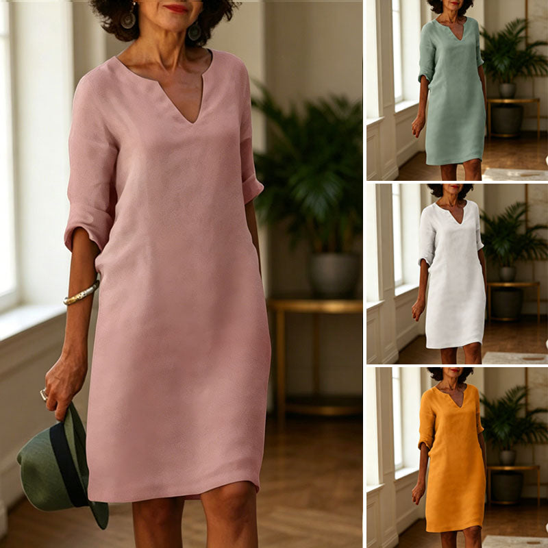 👗【S-3XL】Vestido vintage de lino y algodón con cuello en V, cintura alta, empalmes y mangas 3/4 lisas; tejido transpirable, lavable y resistente a las arrugas.